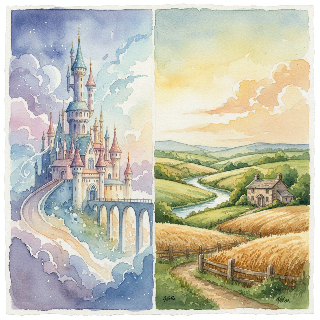 Watercolor diptych depicting a magical castle in clouds and a peaceful countryside cottage landscape.
