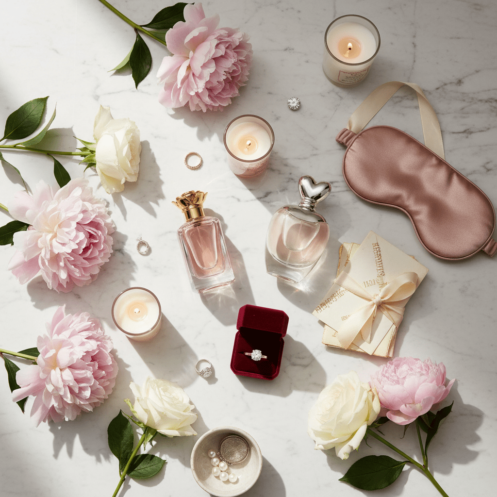 Flat lay of pink peonies, perfume, jewelry, and an engagement ring on white marble.