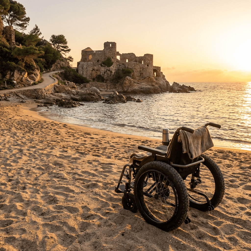 All-terrain wheelchair on a sandy beach facing a castle ruin during sunset.