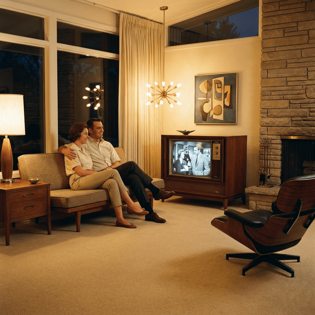 Couple watching a retro TV in a mid-century modern living room.