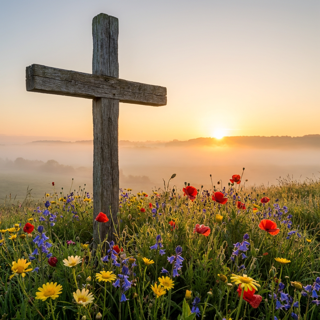 A wooden cross in a field of red, yellow, and blue wildflowers at sunrise.