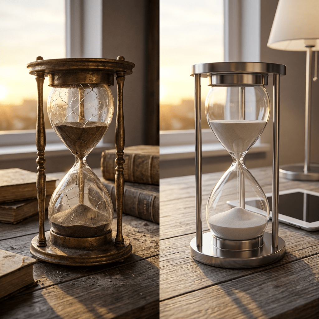 Side-by-side comparison of an antique brass hourglass and a modern silver hourglass.