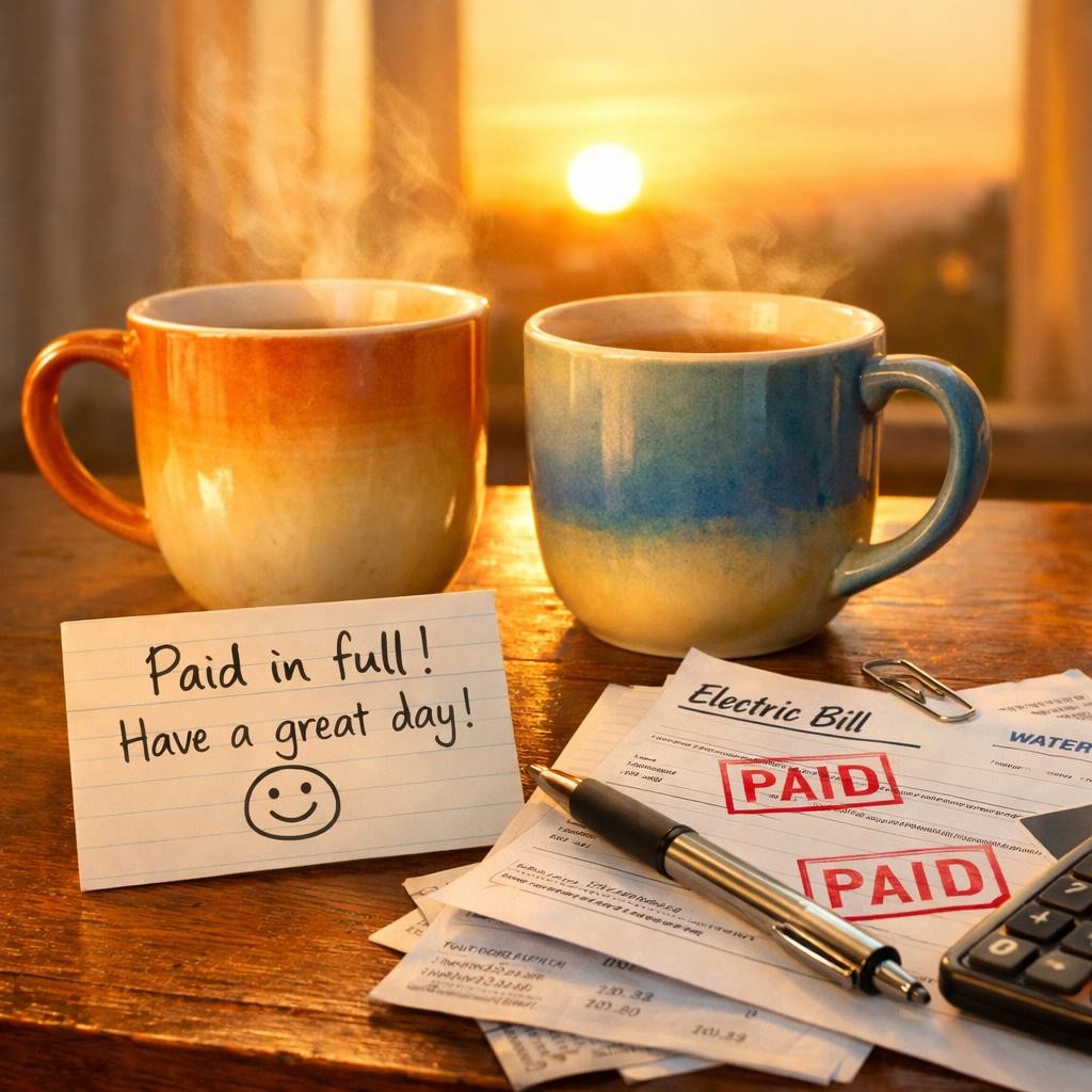Sunrise mugs, note and paid bills