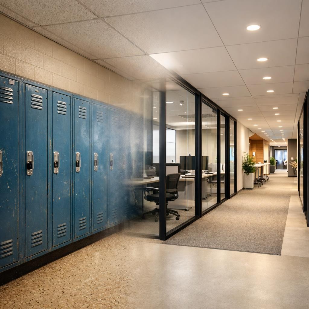 Hallway showing worn blue school lockers transitioning into a modern glass-walled office corridor