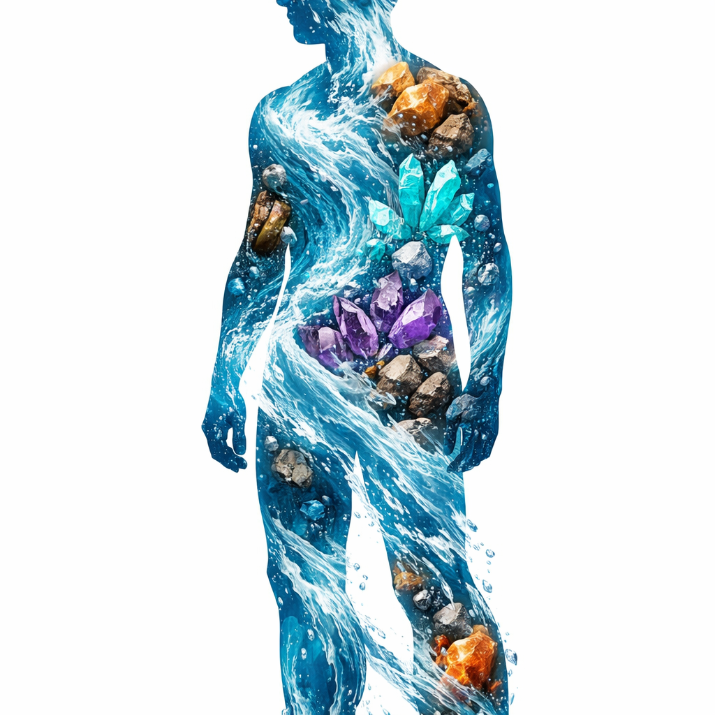 Human silhouette filled with swirling water and clusters of vibrant crystals and rocks