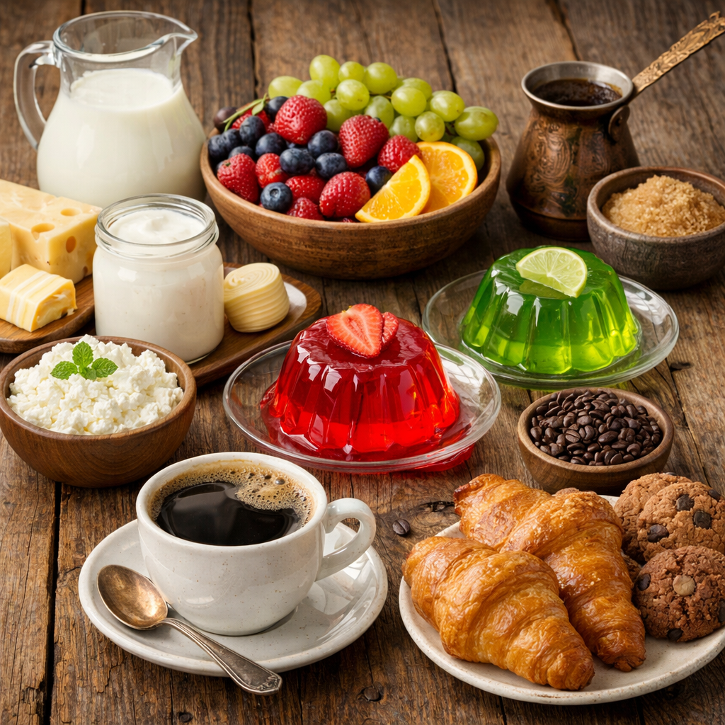 Coffee cup, croissants, gelatin desserts, fresh fruit bowl, cheese, cream, and coffee beans on wooden table