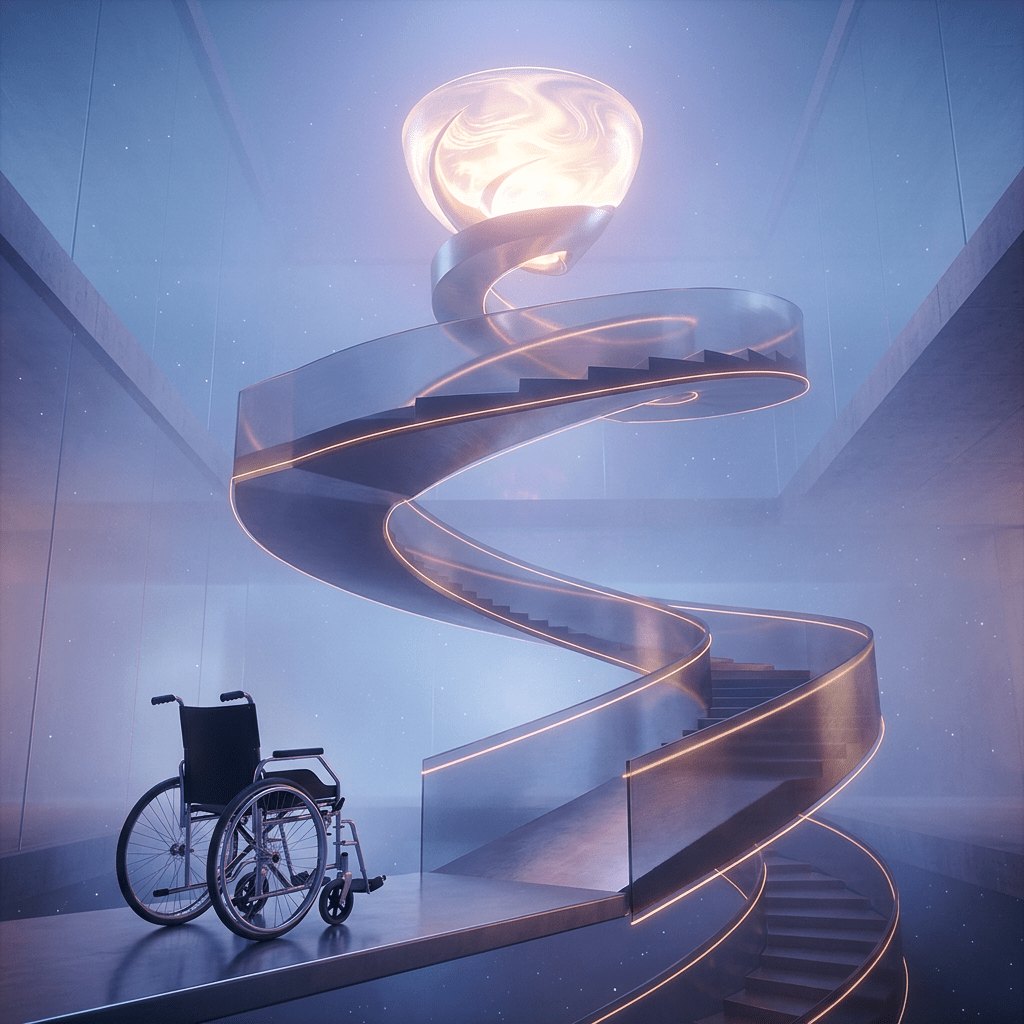 Abstract staircase from wheelchair to glowing bowl