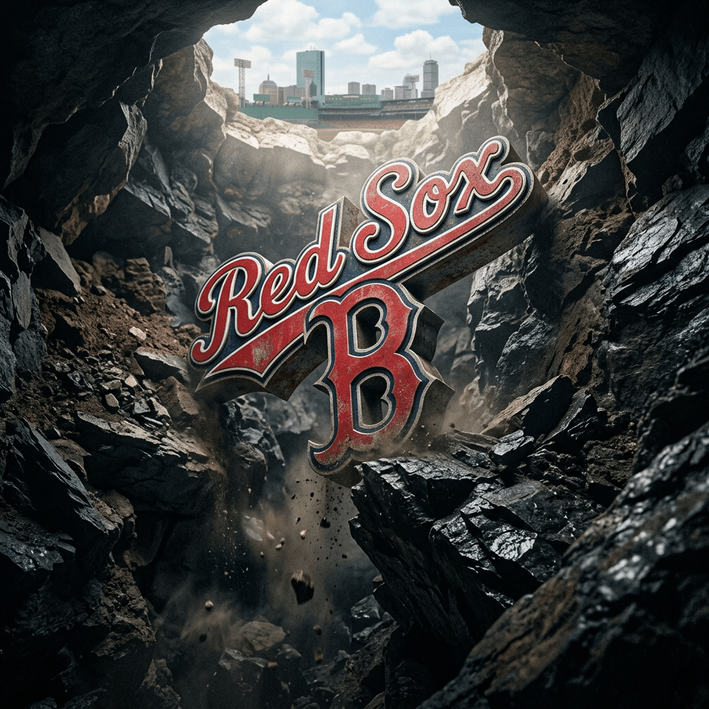 Red Sox logo climbing from jagged pit