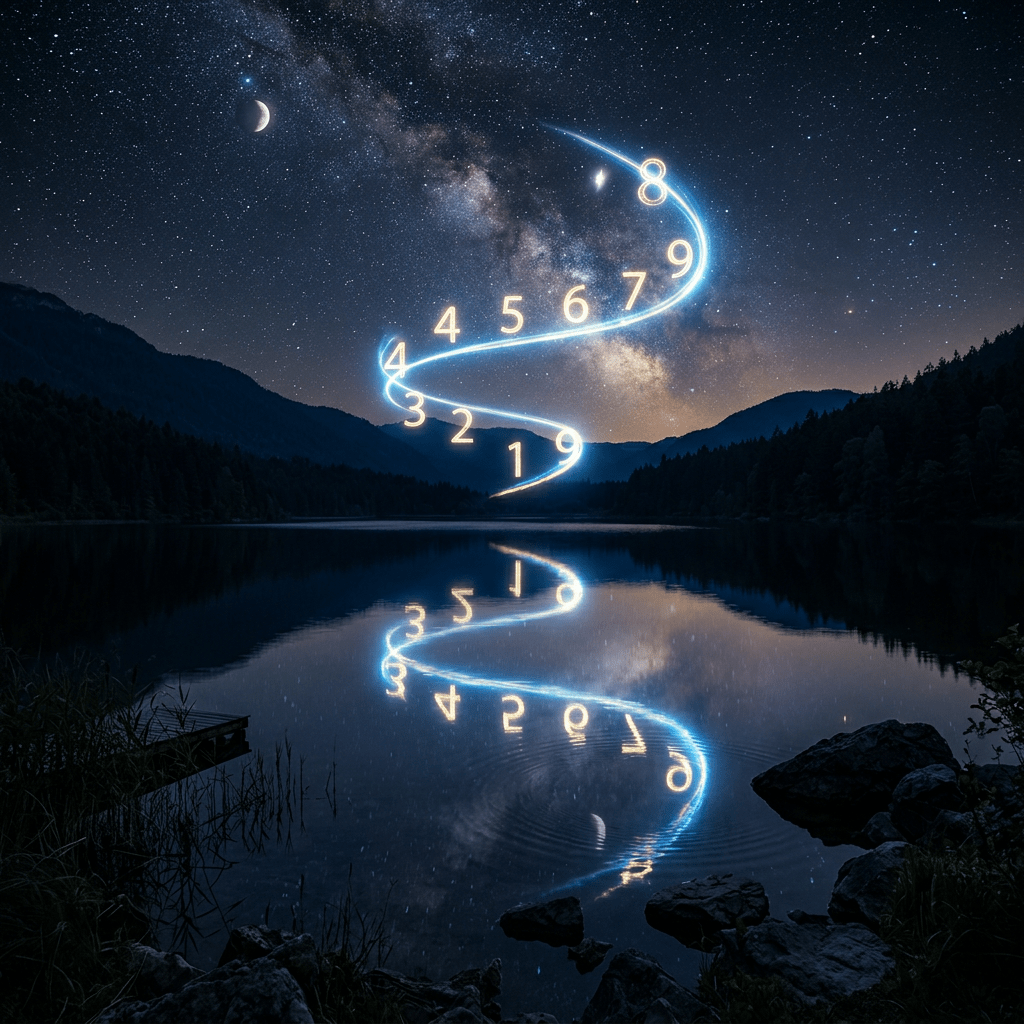 Night sky over a tranquil lake with glowing numbers spiraling upward and reflecting in water