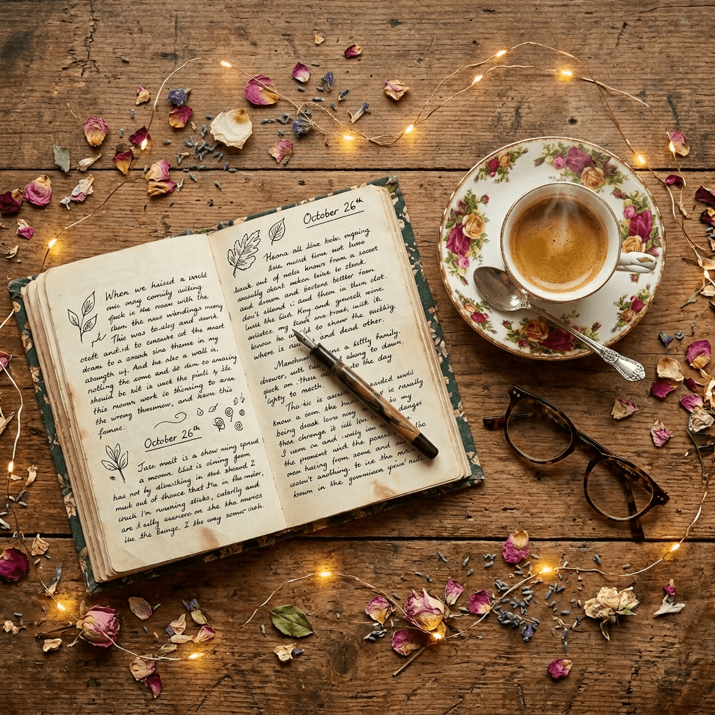 Open vintage journal with handwritten text, a cup of steaming tea on a floral saucer, eyeglasses, and scattered dried petals with warm fairy lights on a wooden table
