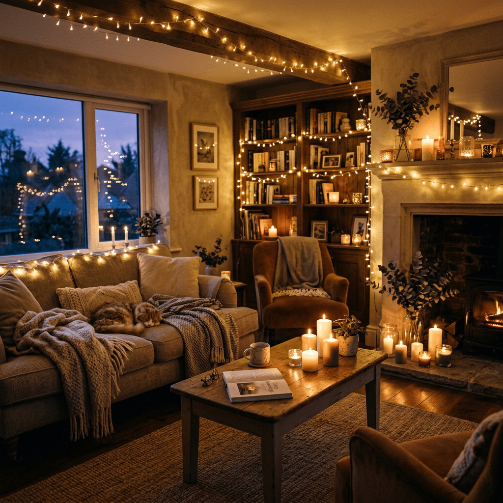 Living room with lit candles, fairy lights, a sleeping cat on sofa, and a bookshelf