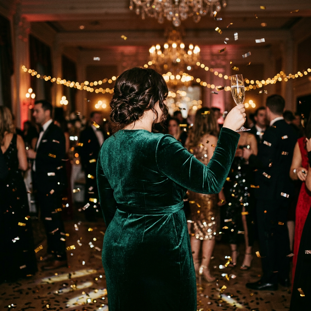 Glamorous party, curvy silhouette, confetti, champagne, velvet