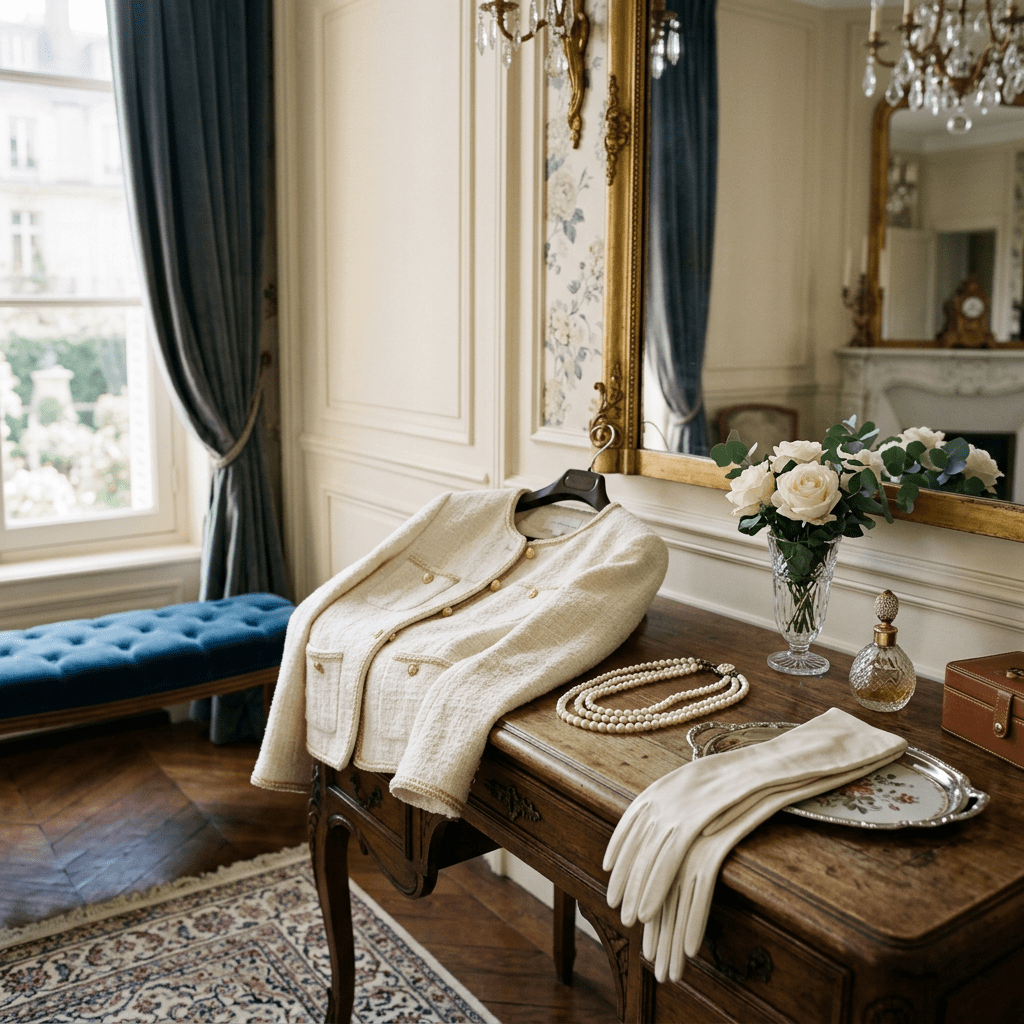 Elegant interior with jacket, pearls, gloves
