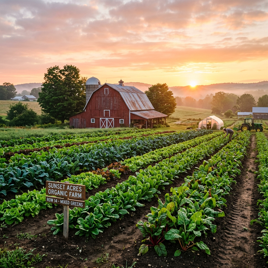 Rows of mixed greens growing on an organic farm with a red barn and a person tending plants at sunrise