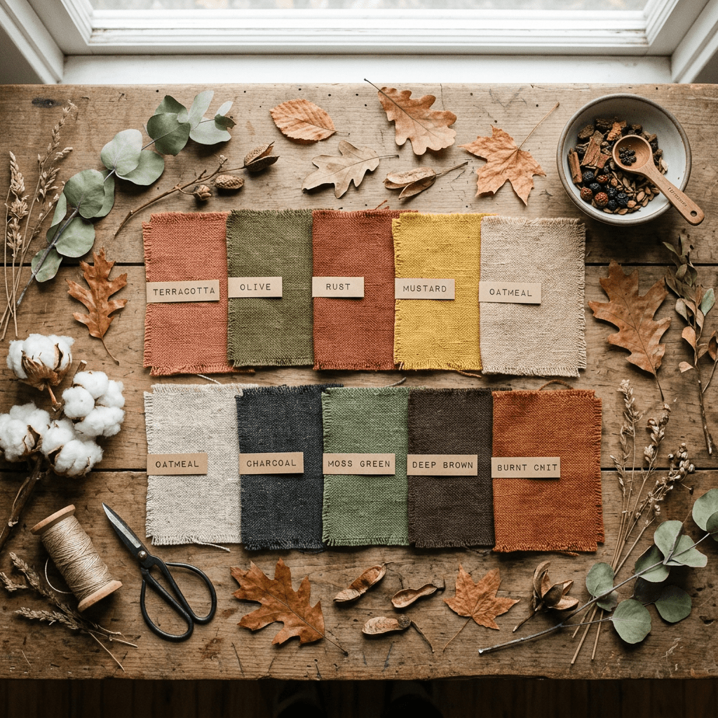 Fabric swatches labeled terracotta, olive, rust, mustard, oatmeal, charcoal, moss green, deep brown, burnt cmit arranged on wooden table with autumn leaves and natural decor