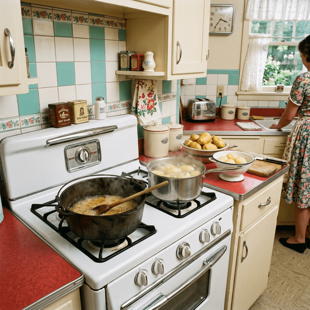 Kitchen stove with boiling potatoes and frying pan, person at sink in floral dress