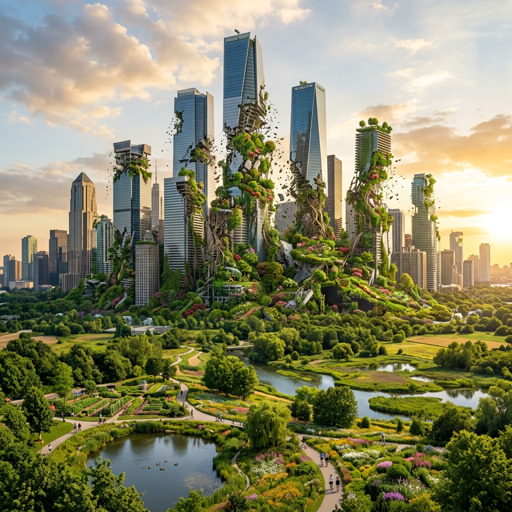 Skyscrapers integrated with green foliage and natural elements in a city park setting
