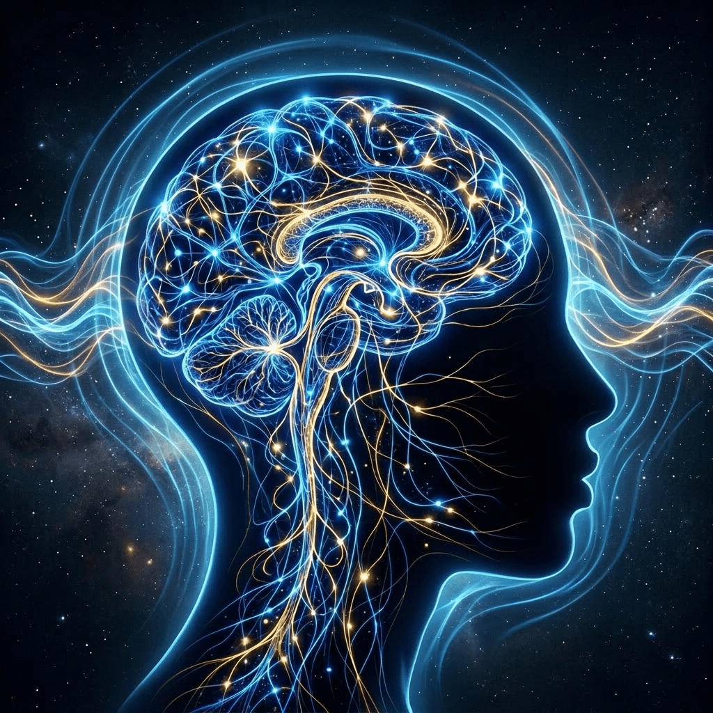 Profile of a human head with glowing neural network and brain pathways