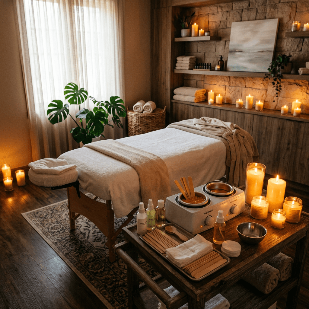 Massage table in a warmly lit spa room with candles, towels, and massage supplies