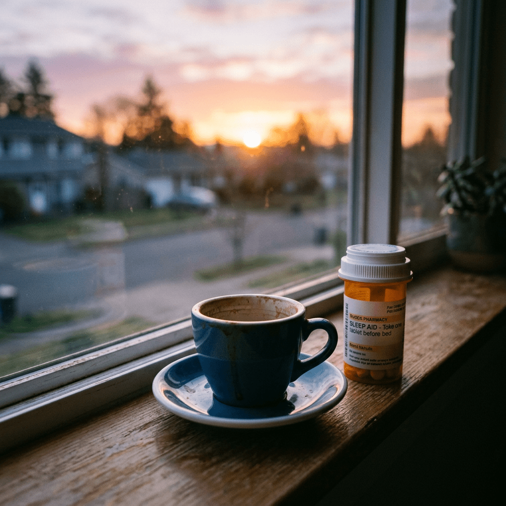 Blue coffee cup with coffee stains next to prescription sleep aid bottle on wooden windowsill at sunset
