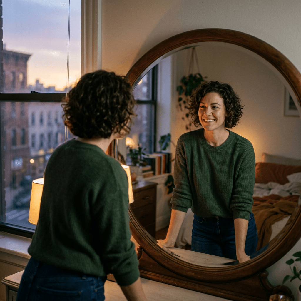 Woman smiling at her reflection in a round mirror inside a cozy apartment at sunset