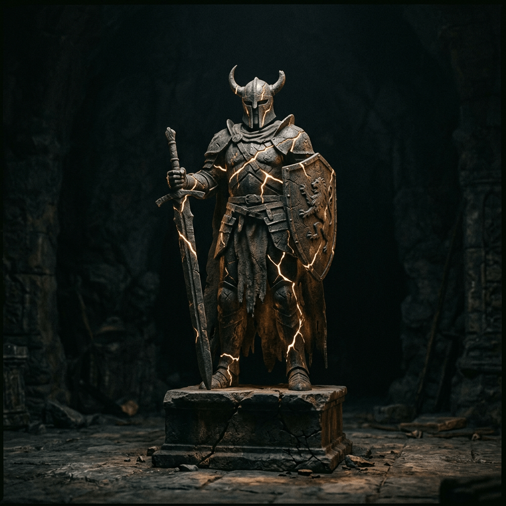 Warrior statue with softly glowing cracks, dark background