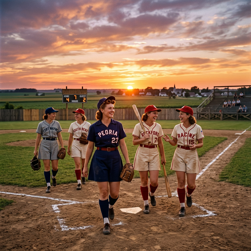 Five women baseball players in vintage uniforms walking on a baseball field with sunset and scoreboard in background