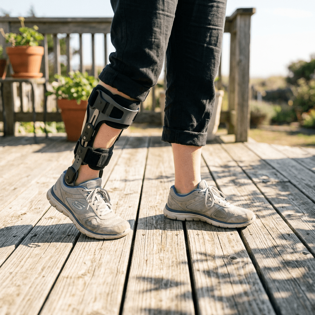 Person standing outdoors wearing a black lower leg brace on left leg and gray sneakers