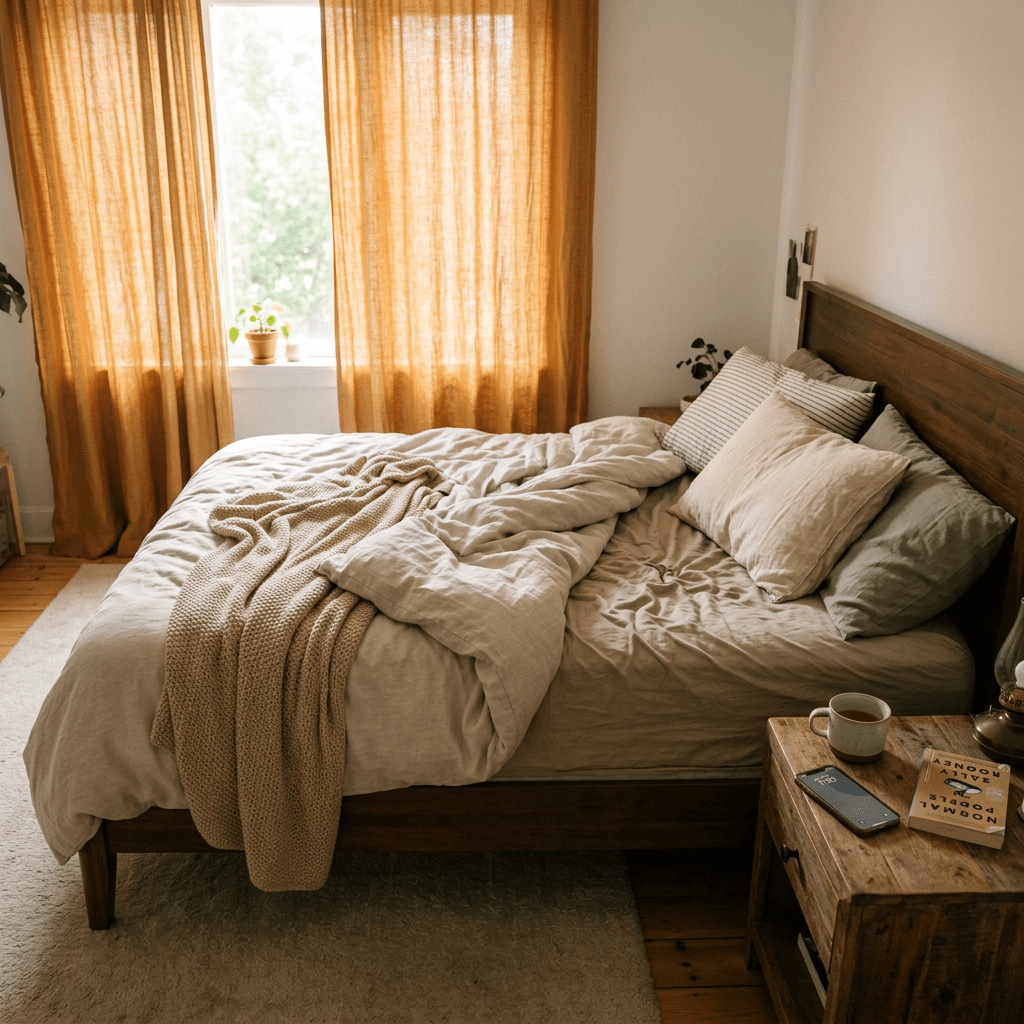 Unmade bed with pillows and blankets in a cozy bedroom with wooden furniture and mustard curtains.
