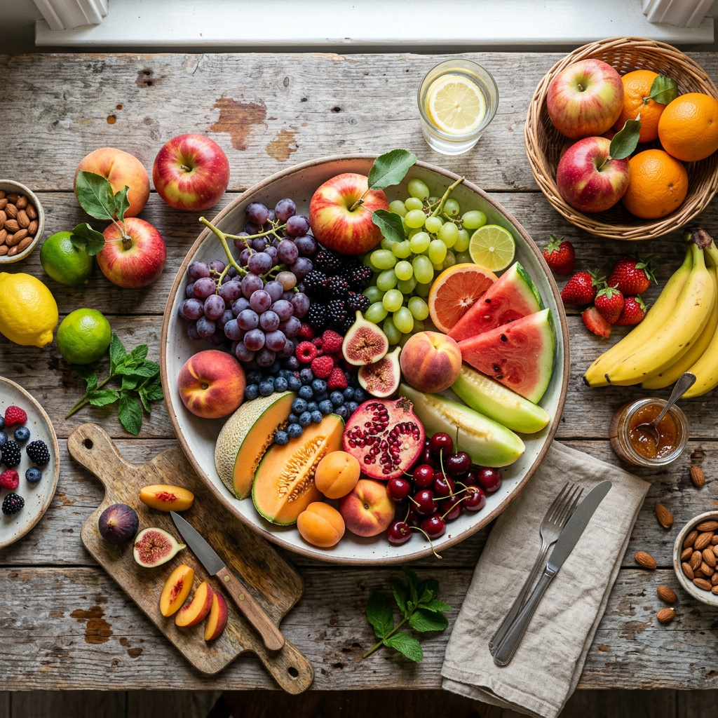 Platter with grapes, apples, figs, berries, melon, pomegranate, watermelon, apricots, cherries and peaches