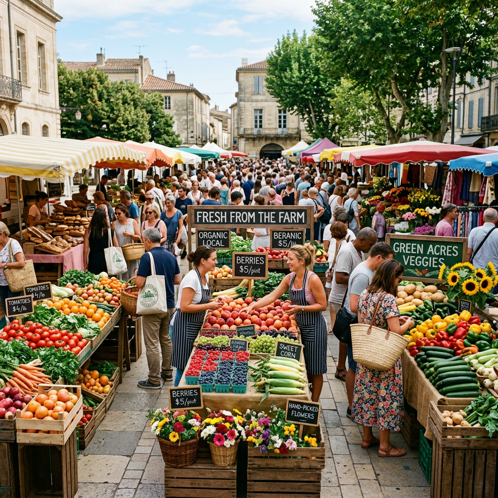 Outdoor farmers market with fresh produce, flowers, and people shopping