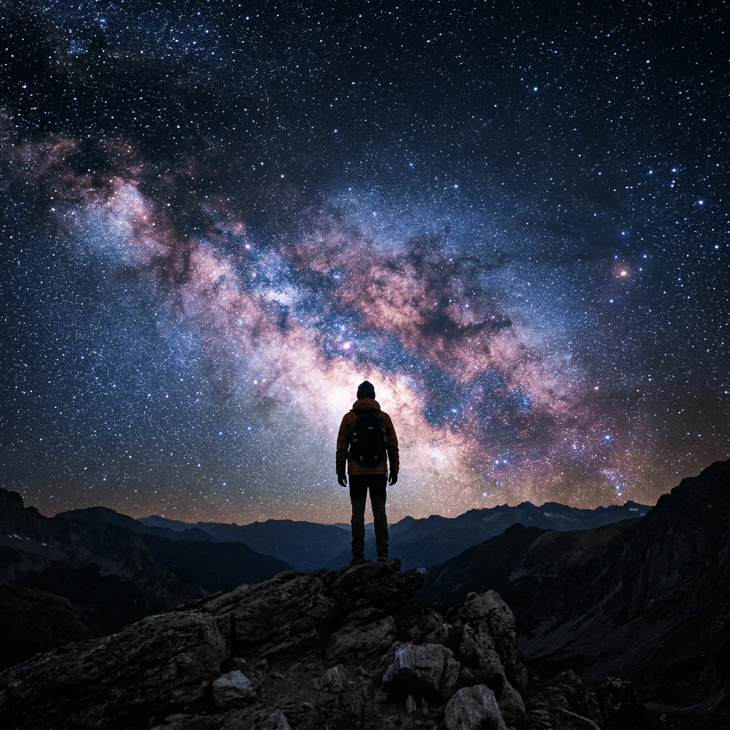 Person standing on rocky mountain peak under a vibrant Milky Way night sky