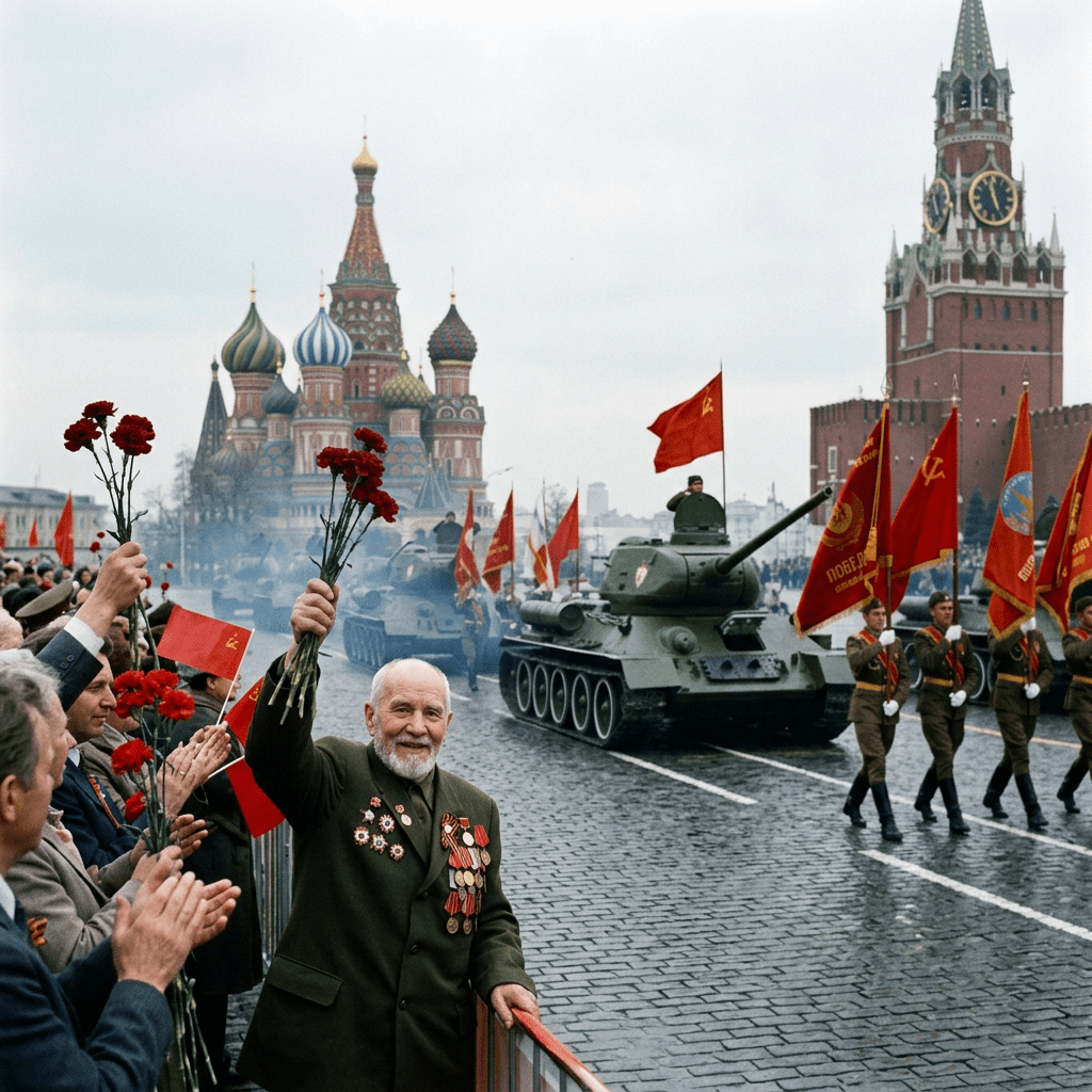 Veteran holding flowers and Soviet soldiers marching with tanks at Red Square parade