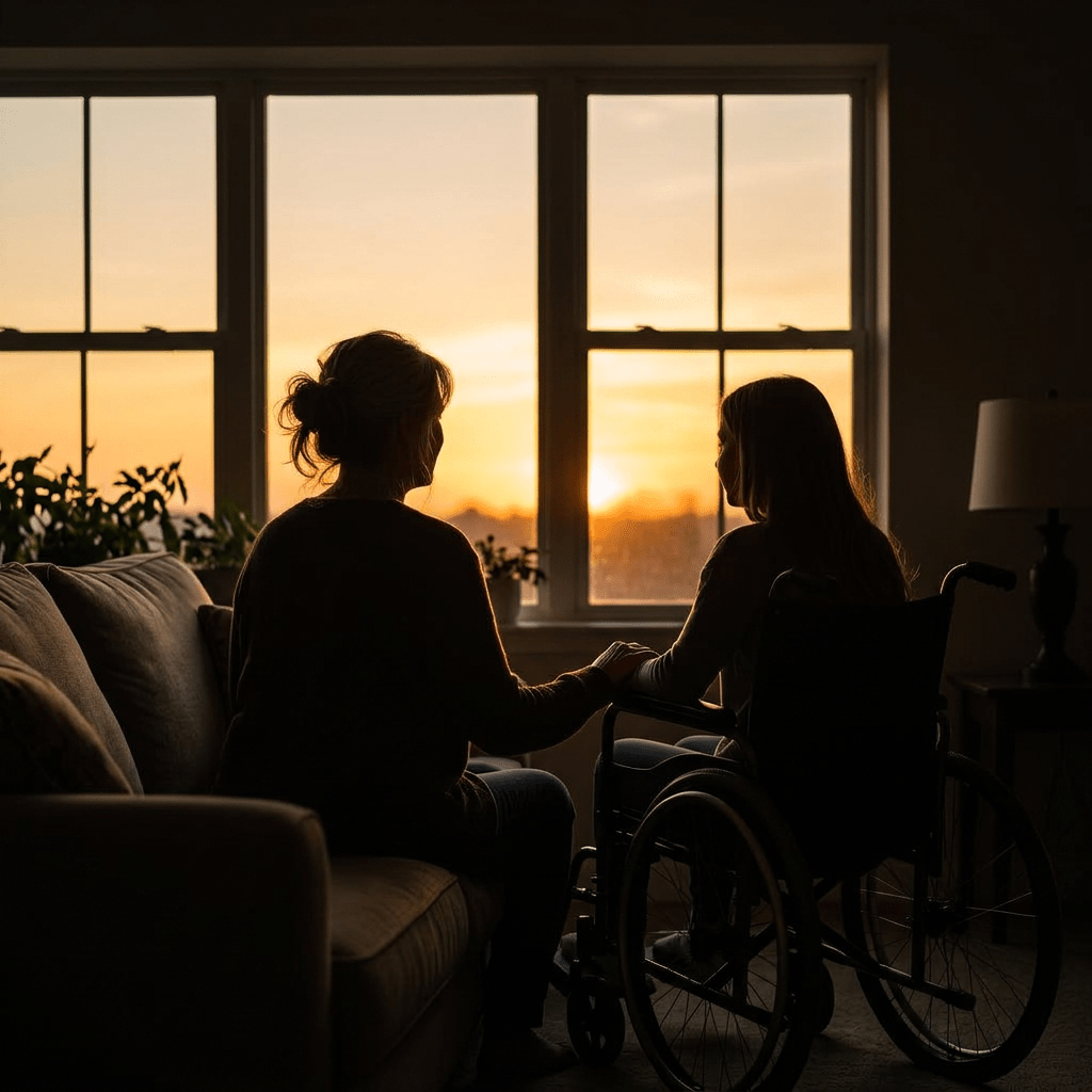 Silhouettes of two people holding hands near a window at sunset, one seated in a wheelchair