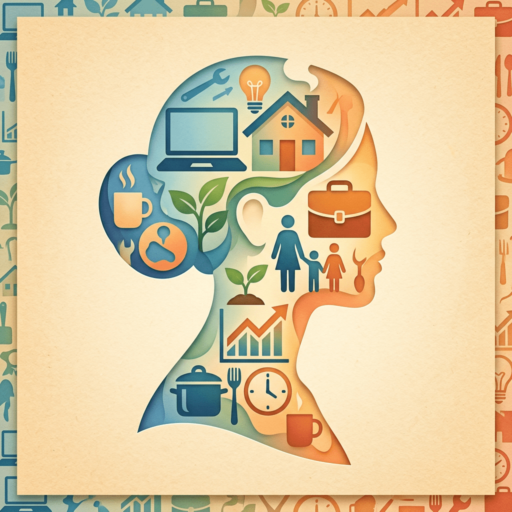 Profile silhouette filled with icons of laptop, house, briefcase, family, plants, clock, coffee cups, and cooking pot