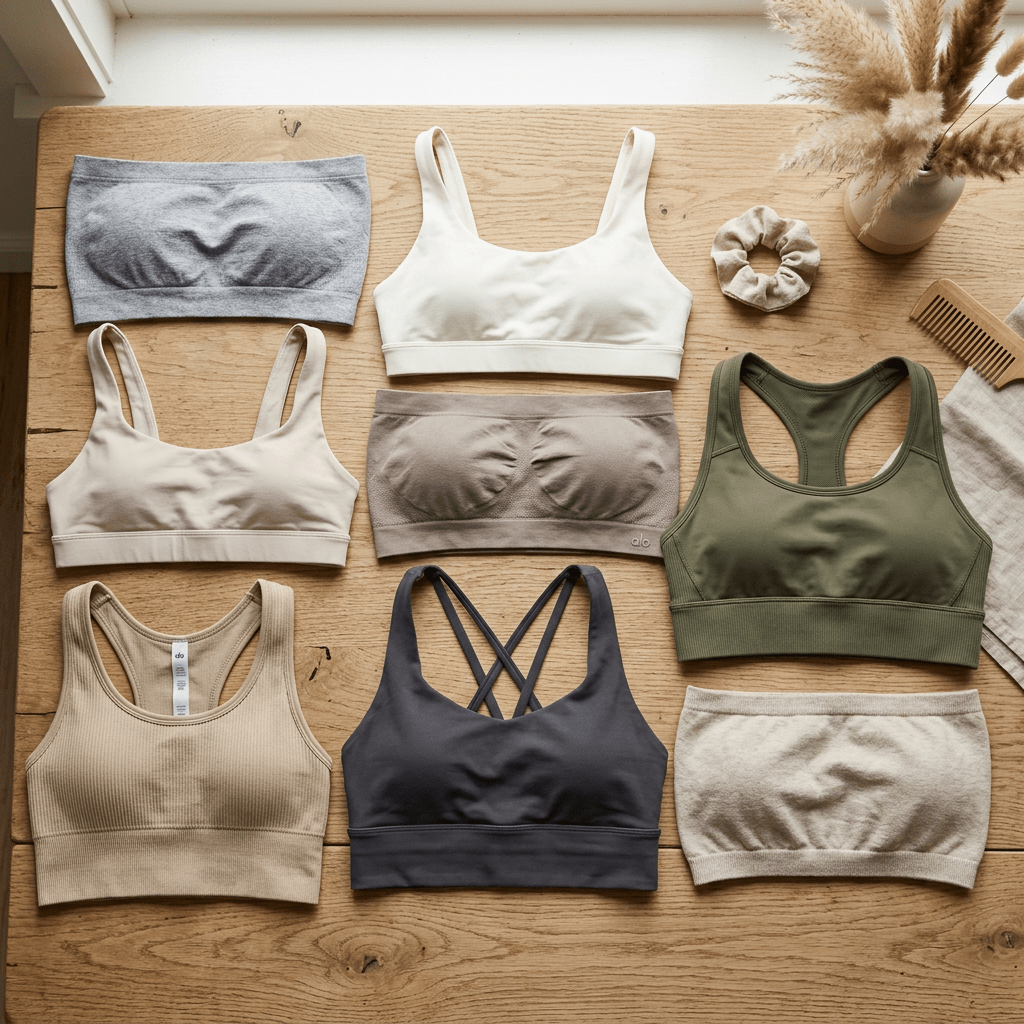 Seven different sports bras in beige, gray, olive green, cream, and taupe colors laid out on a wooden table with a scrunchie and a comb.
