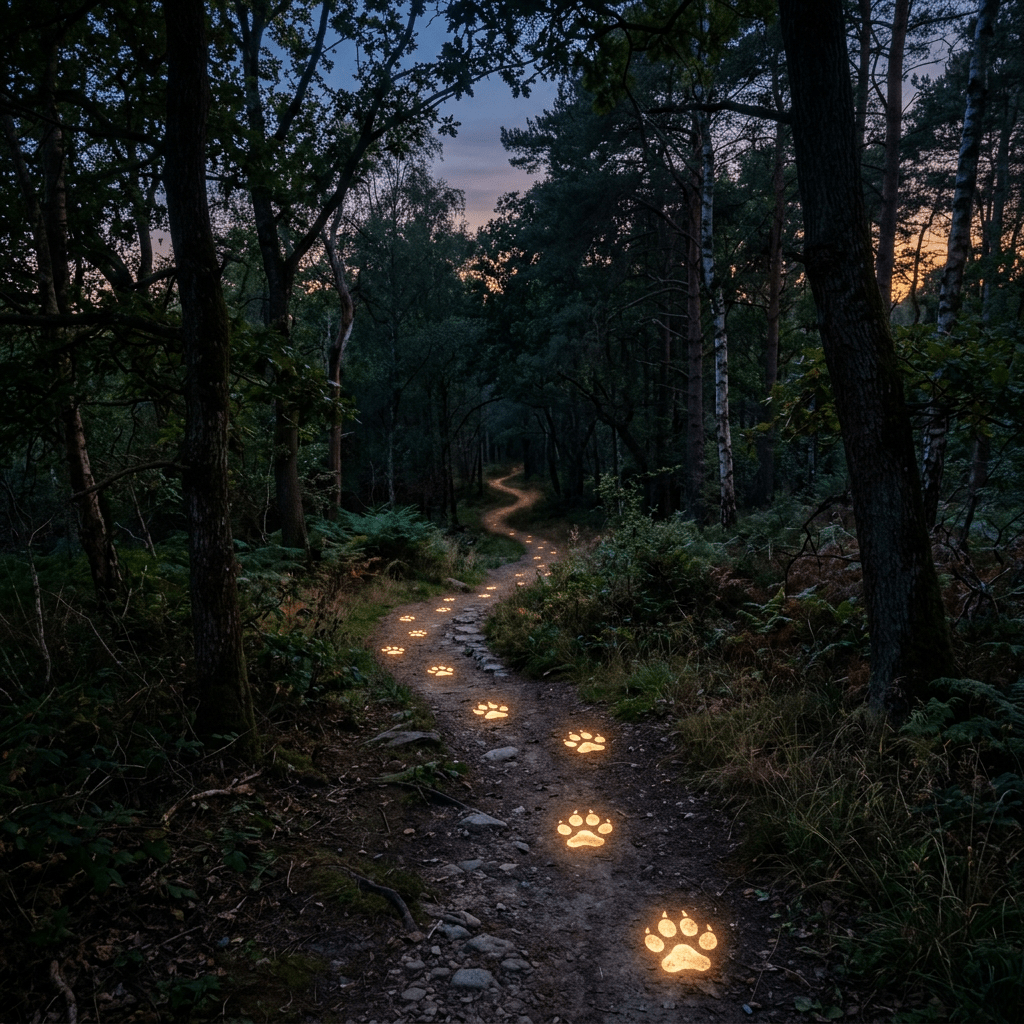 Forest trail with glowing paw prints on the ground at dusk
