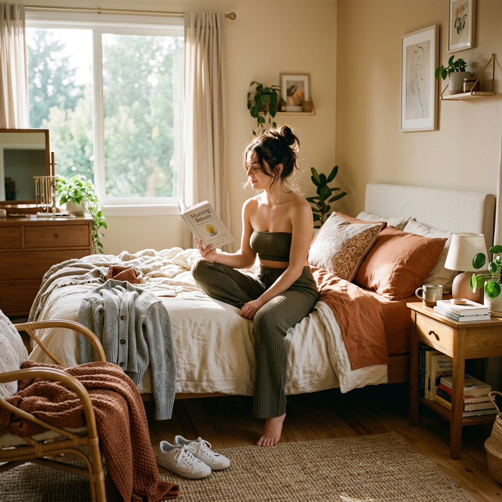 Woman sitting cross-legged on bed reading a book in cozy bedroom with natural light