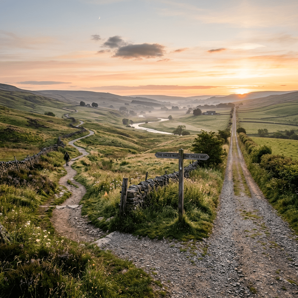 Hiker walking on a winding trail with signposts pointing to The Dales Way under a sunrise sky