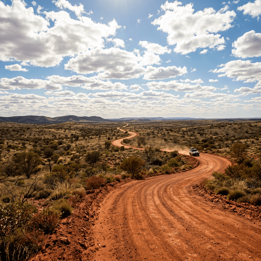 Vehicle driving on winding red dirt road in arid outback landscape