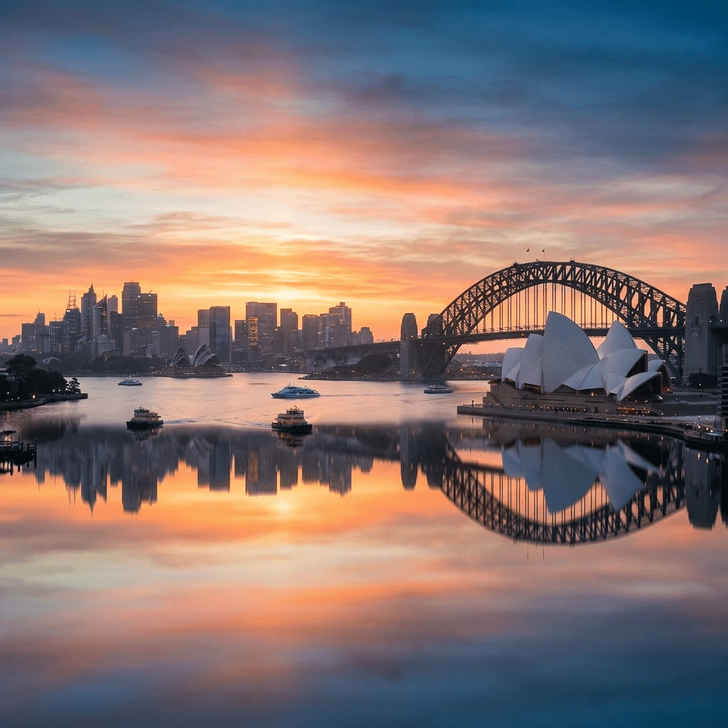 Sydney Harbour at sunrise with Opera House, Harbour Bridge, fog, and ferries on water
