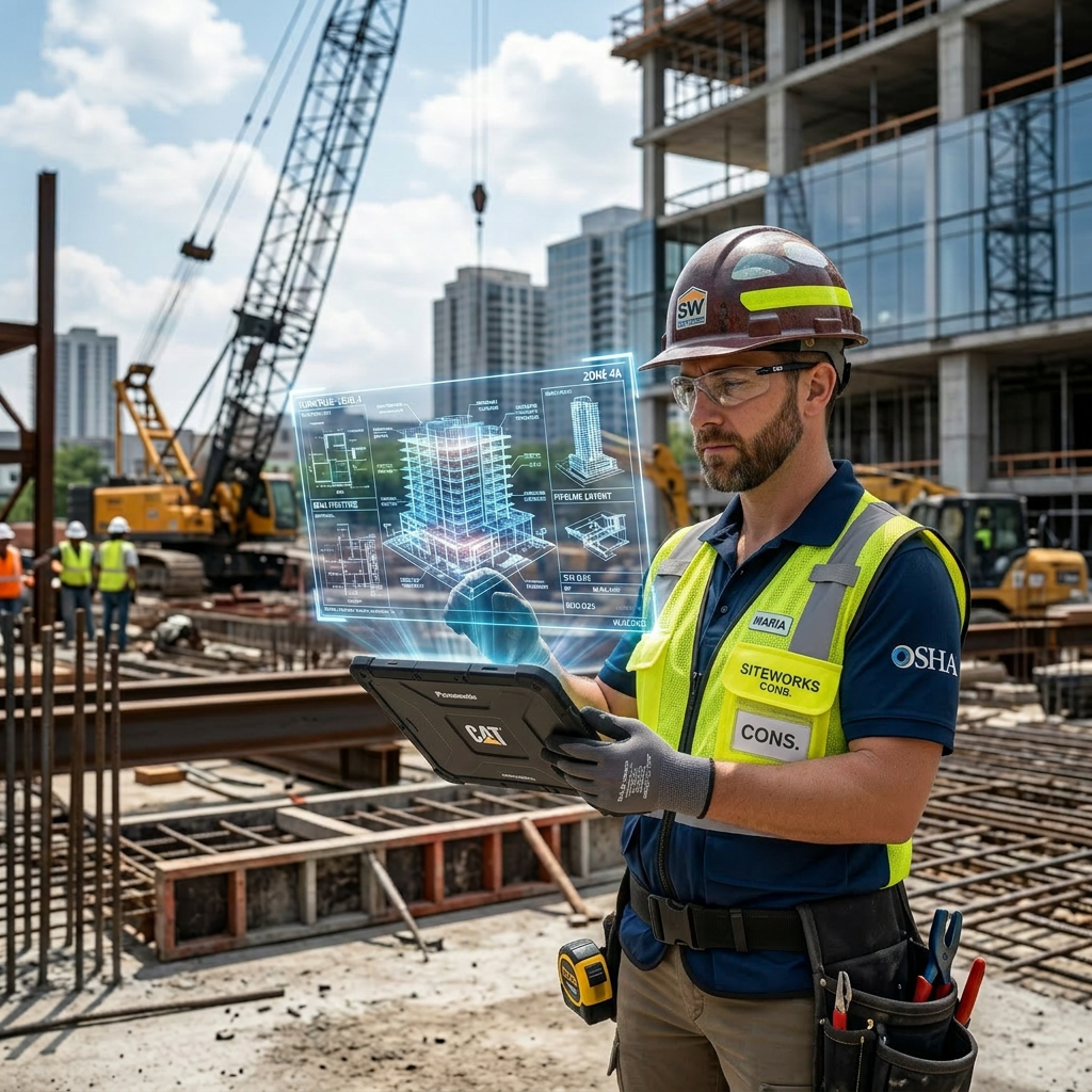Construction engineer holding tablet displaying 3D building blueprint at construction site