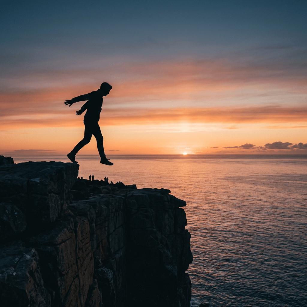 Silhouette of a person jumping off a cliff with the sun setting over the sea in the background