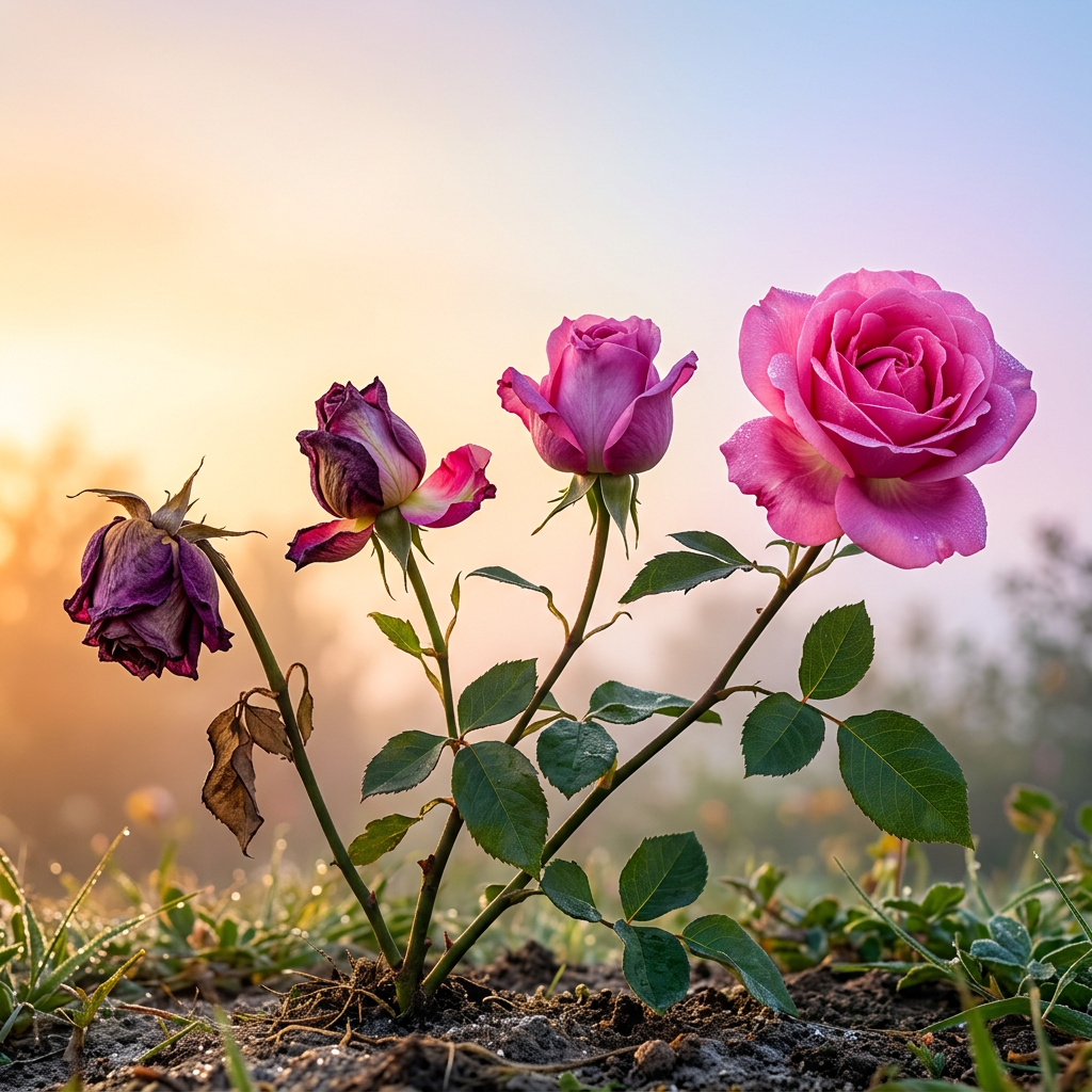 Four roses at varying stages of bloom from wilted to fully open pink flower