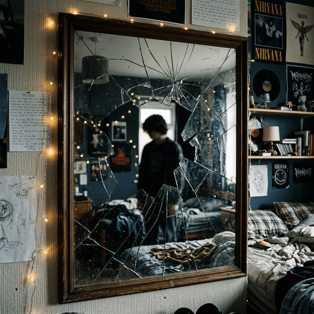 Shattered mirror reflecting a blurred figure in a messy bedroom with posters and string lights