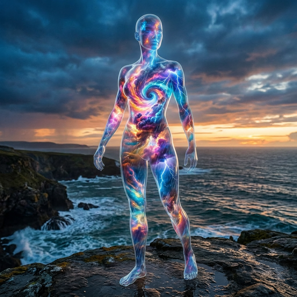 Translucent human figure showing swirling cosmic energy and lightning, standing on a cliff overlooking the ocean at sunset