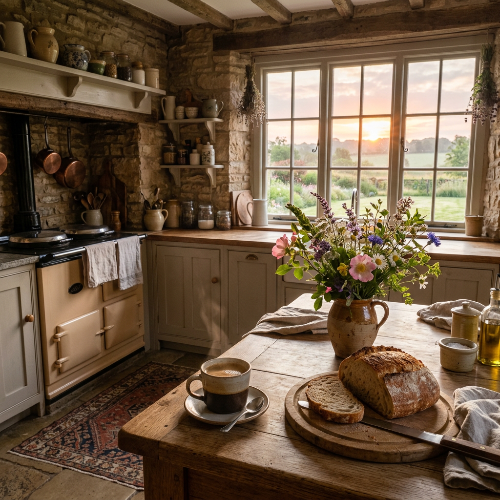 Rustic kitchen interior with wooden table, bread, coffee, and a floral bouquet