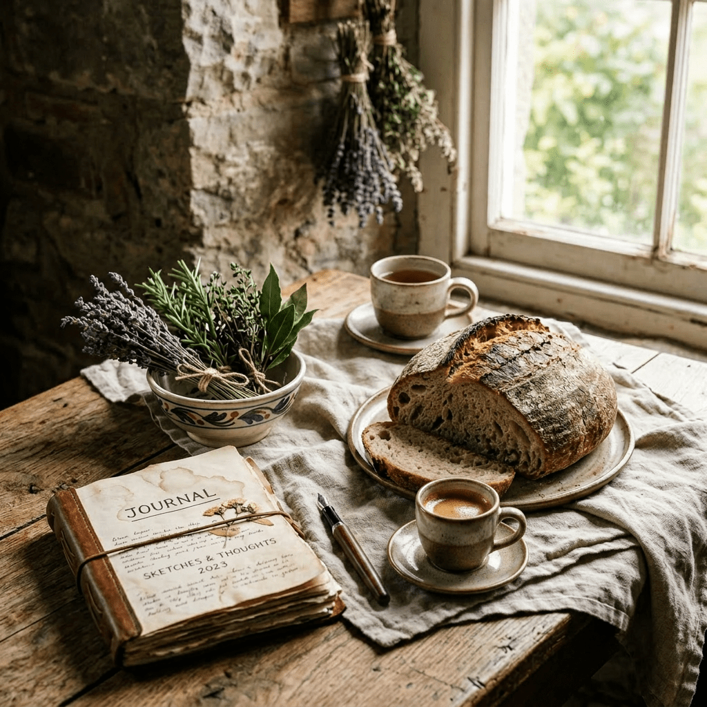 Journal notebook, loaf of bread with a slice, cup of tea, and herbs on wooden table by window