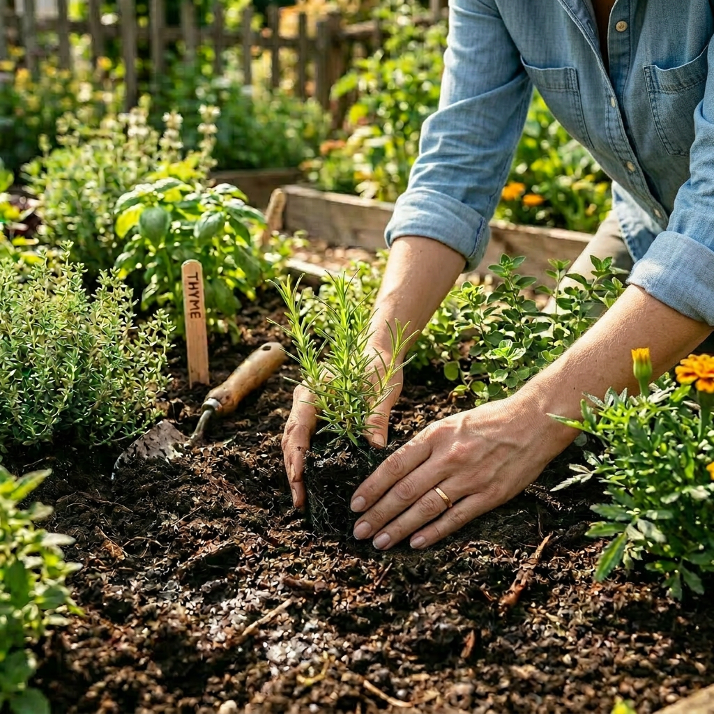 Hands planting a small herb seedling in soil with thyme label visible