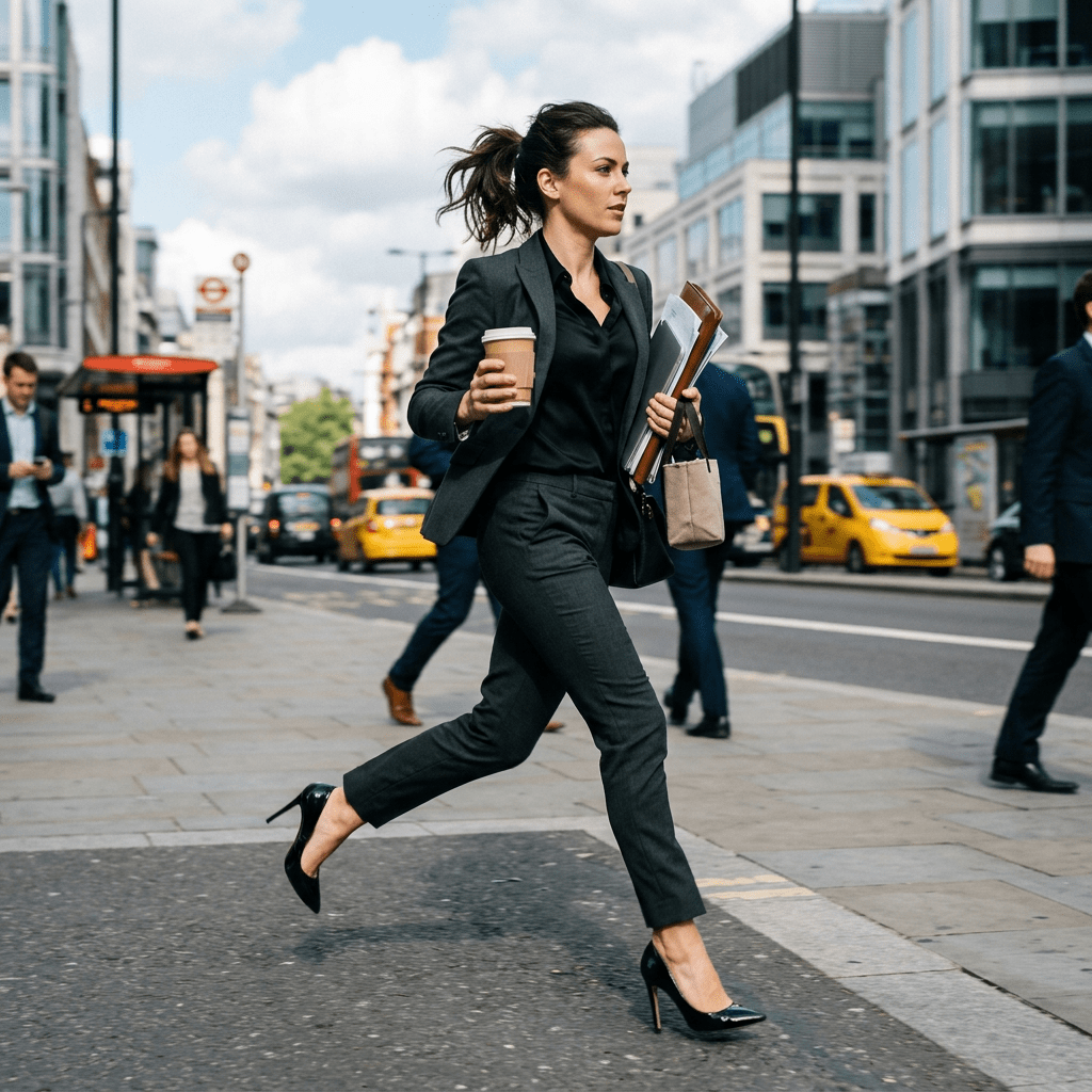 Businesswoman in suit crossing street quickly with coffee cup and folders